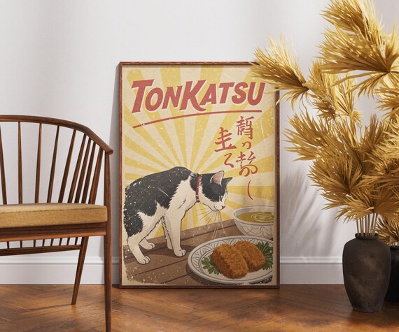Tonkatsu Cat Sniffing Crispy Cutlet Retro Japanese Kitchen Art Poster