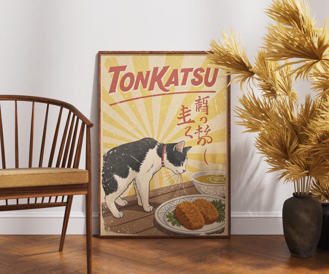Tonkatsu Cat Sniffing Crispy Cutlet Retro Japanese Kitchen Art Poster