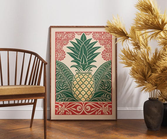 Vintage Pineapple Poster Linocut Ornate Fruit Art Retro Botanical Wall Decor Boho Tropical Illustration Rustic Farmhouse Print