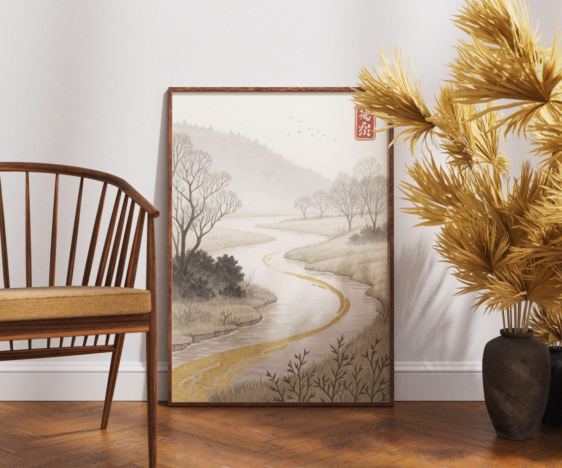 Golden River Kintsugi Style Japanese Misty Valley Landscape Poster