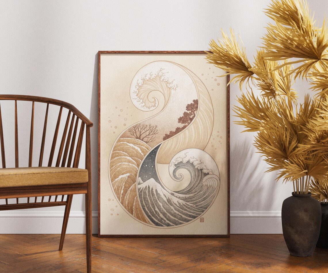 Yin Yang Ocean Waves Zen Japanese Swirl Minimalist Balance Ocean Decor Poster
