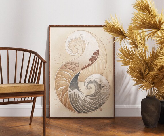 Yin Yang Ocean Waves Zen Japanese Swirl Minimalist Balance Ocean Decor Poster