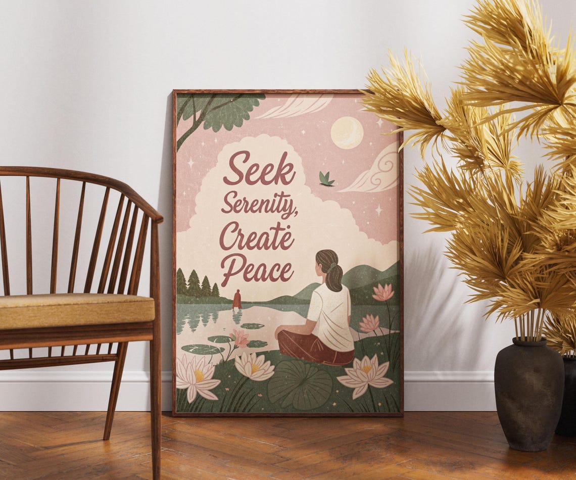 Seek Serenity Create Peace Lotus Lake Meditation Calming Art Poster