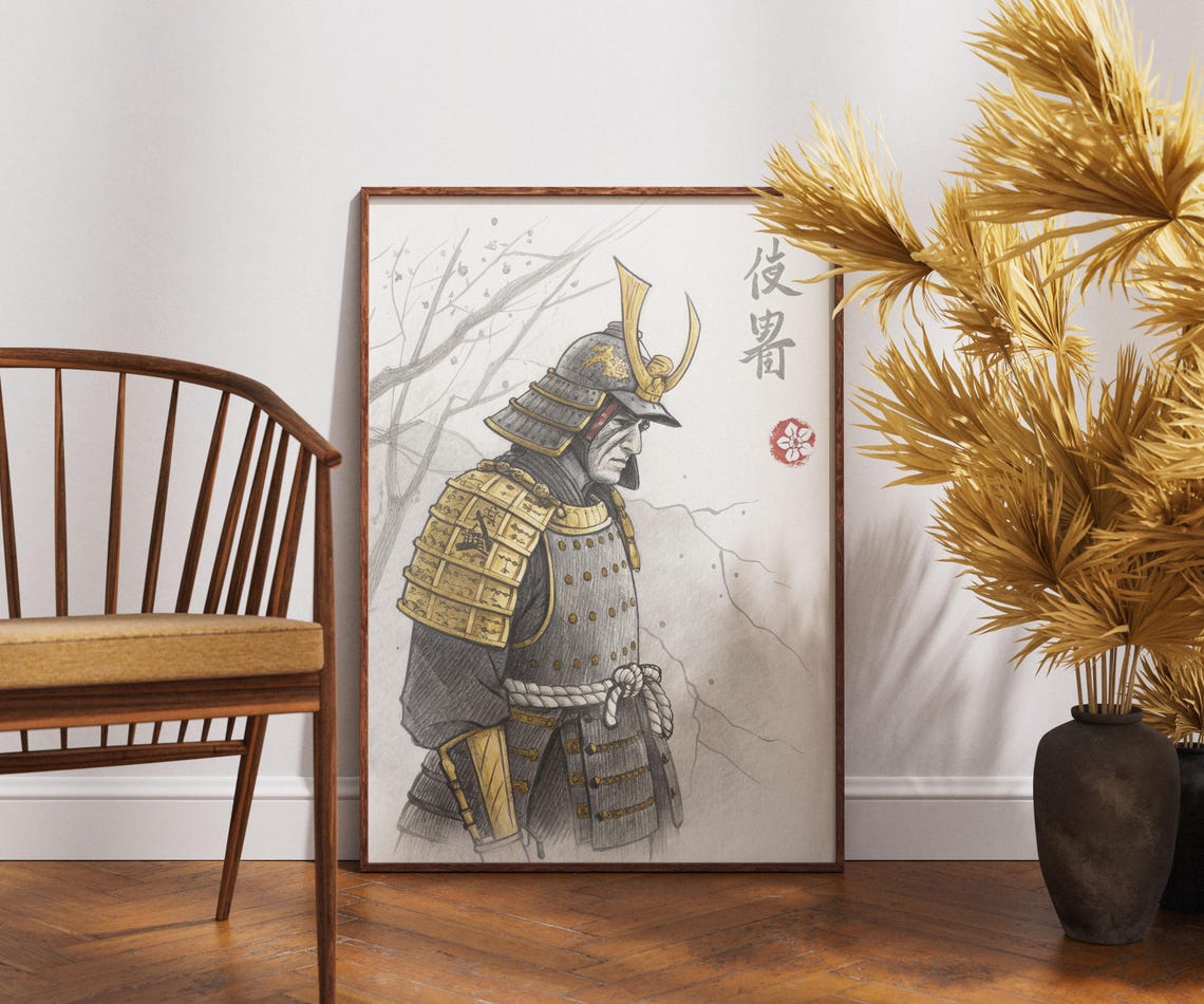 Samurai Warrior Gold Armor Graphite Drawing Japanese Art Poster