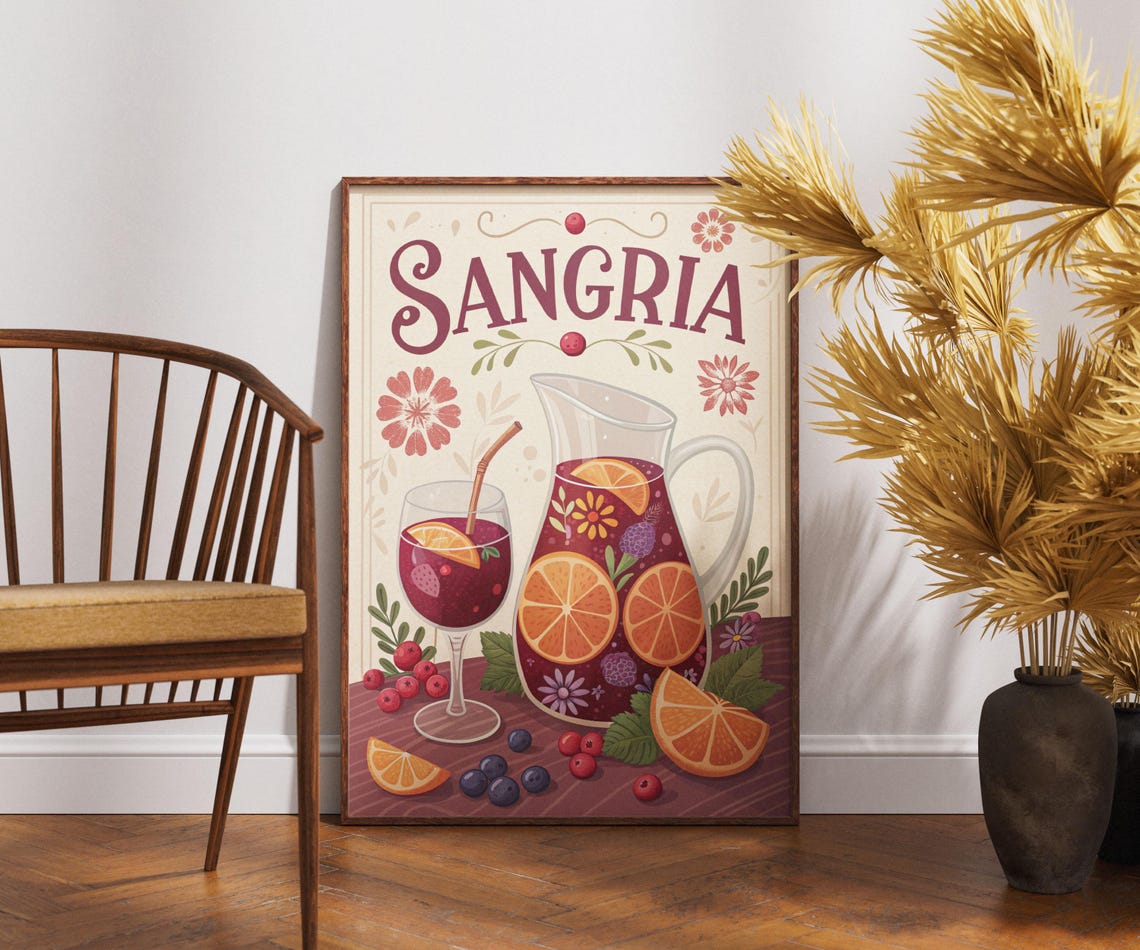 Vintage Sangria Fruit Pitcher Retro Spanish Wine Bar Summer Poster
