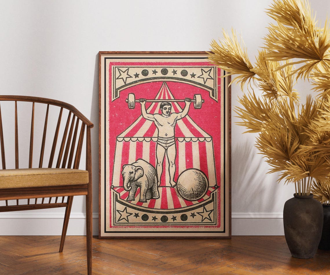 Vintage Circus Strongman Poster Retro Matchbox Art Classic Big Top Print Carnival Illustration Antique Decor