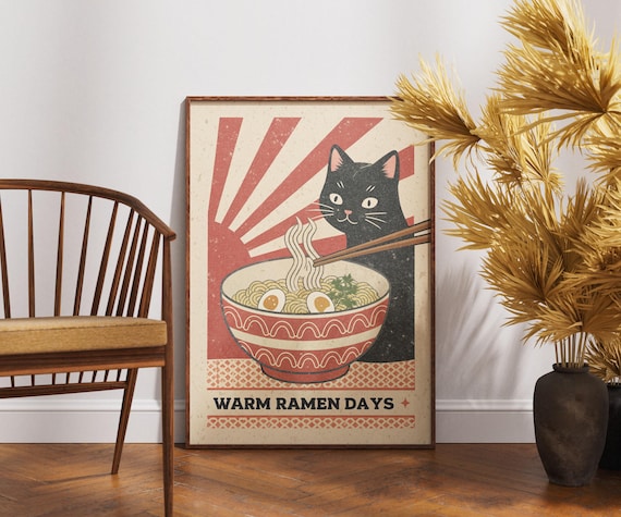 Warm Ramen Days Cute Black Cat Retro Japanese Ramen Food Poster