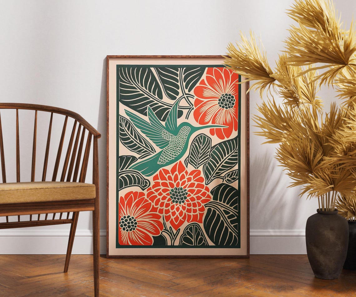 Vintage Hummingbird Floral Eden Linocut Red Flower Bird Poster