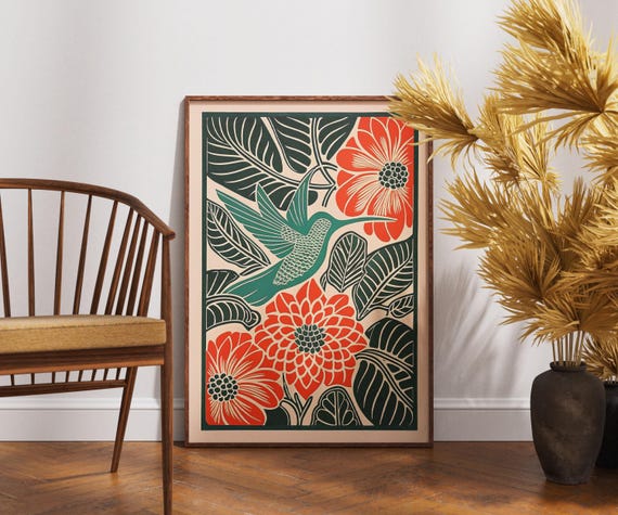 Vintage Hummingbird Poster Linocut Floral Eden Art Retro Nature Wall Decor Boho Botanical Print Unique Bird Illustration Serenity Gift