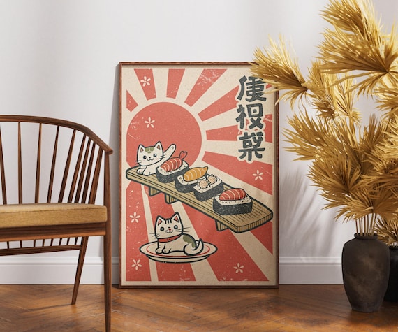 Sushi Platter Cats Kawaii Retro Japanese Food Art Wall Poster