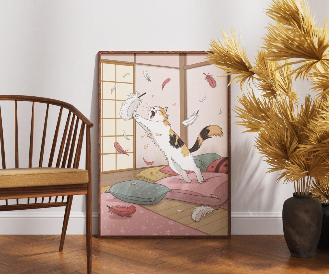 Playful Calico Cat Chasing Feathers Japanese Room Illustration Poster