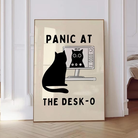 Panic At The Desko Black Cat Art Print