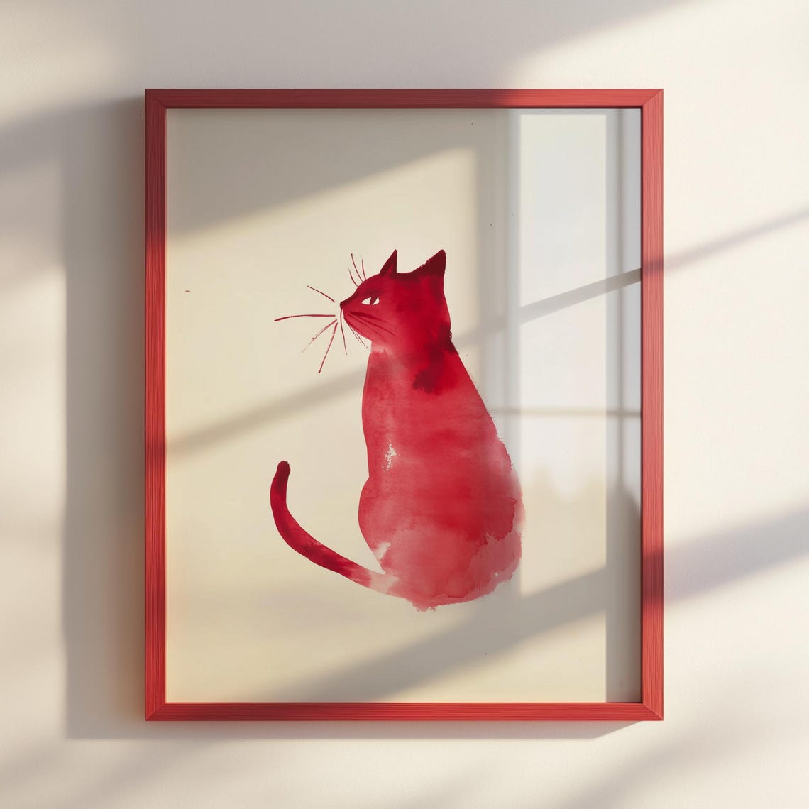 Red Ink Sumie Cat Silhouette Minimalist Japanese Brush Painting Poster