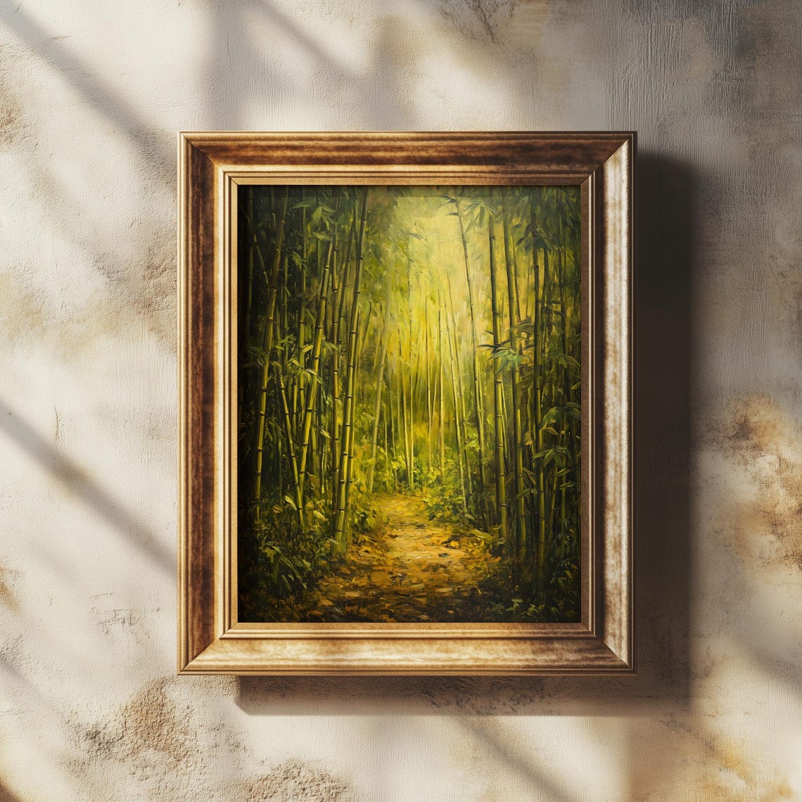 Golden Bamboo Path Serene Forest Art Natureinspired Landscape Painting Instant Rustic Wall Decor