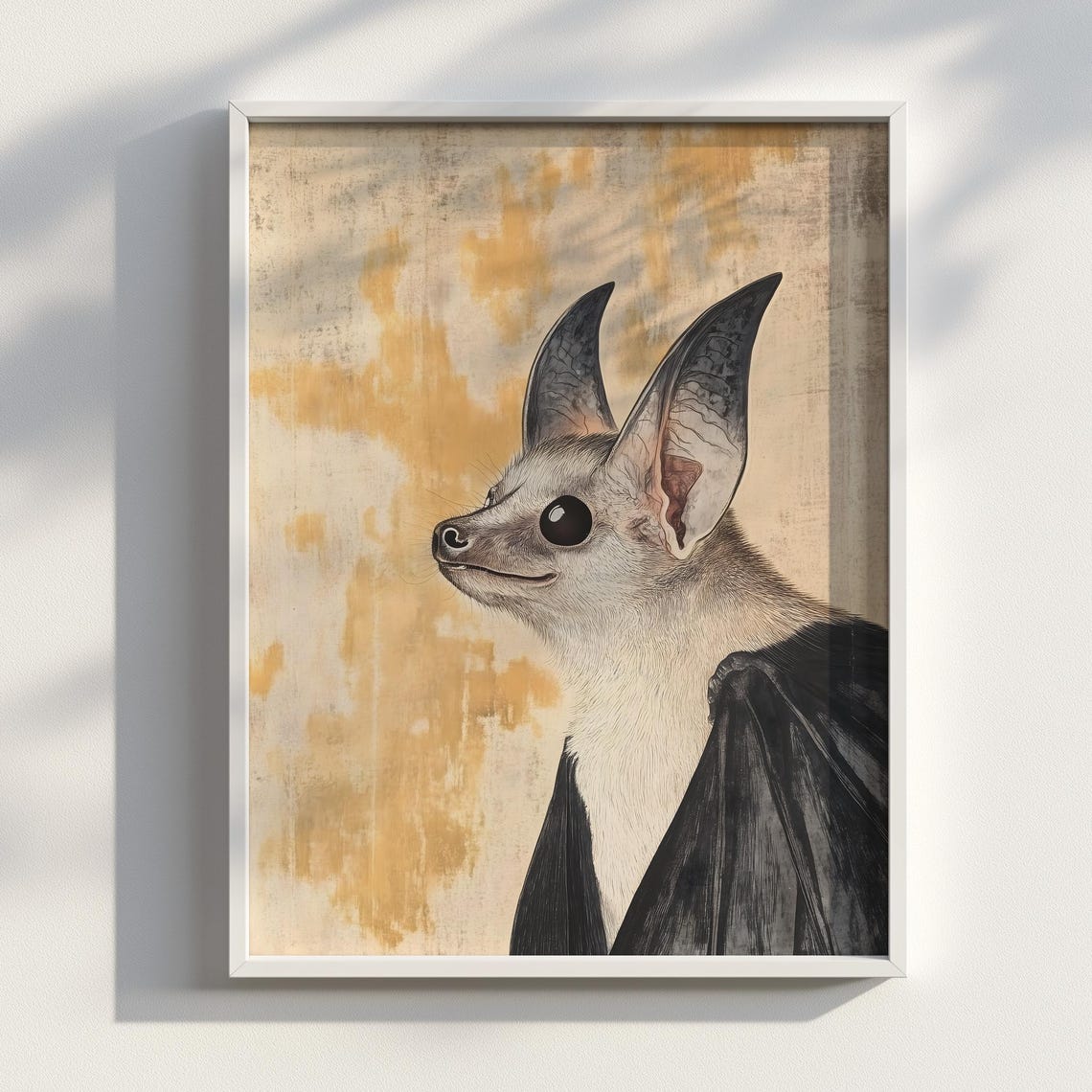 Smiling Pale Bat Japanese Ink Style Ethereal Wildlife Wall Art
