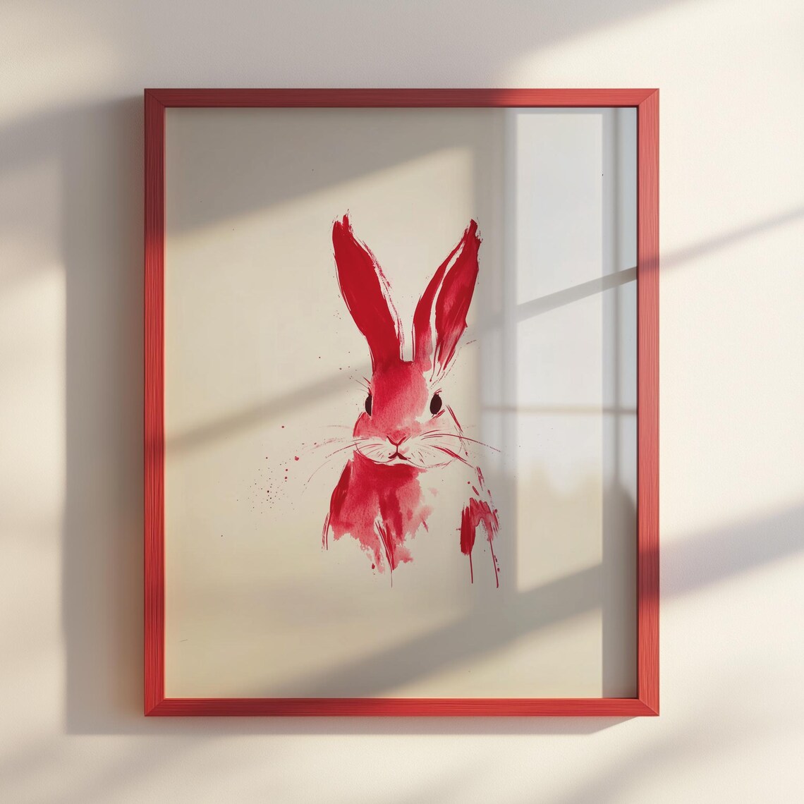 Red Ink Rabbit Chinese Zodiac Sumi E Watercolor Animal Poster