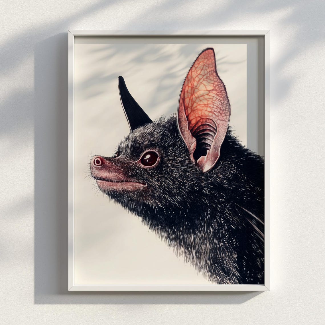 Big Eared Bat Profile Japanese Ink Style Wildlife Portrait Wall Art