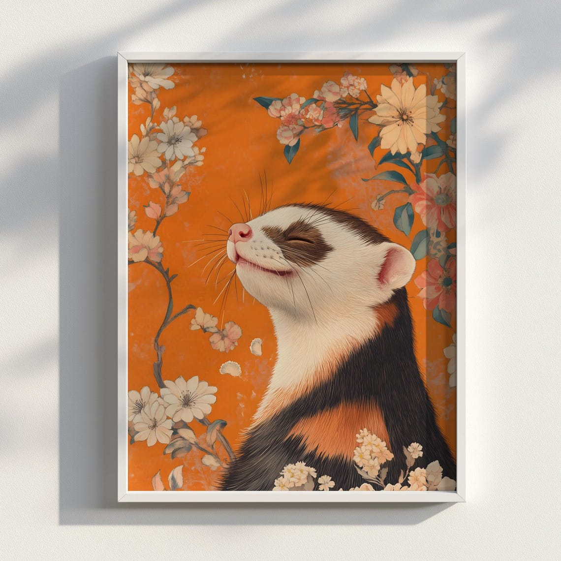 Happy Ferret Among Cherry Blossoms Orange Japanese Ink Poster
