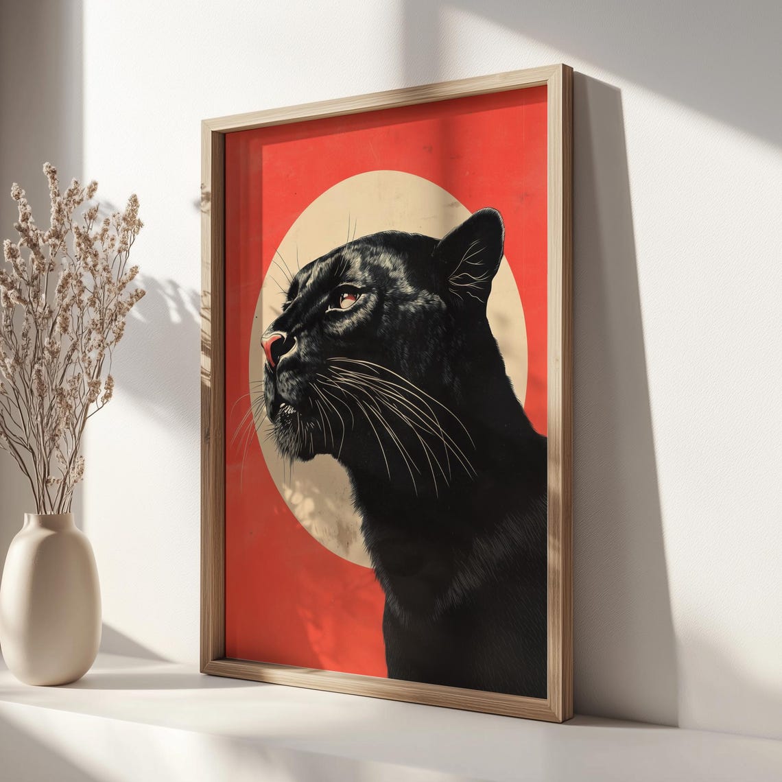 Bold Black Panther Red Sun Japanese Style Big Cat Art Poster - Image 2