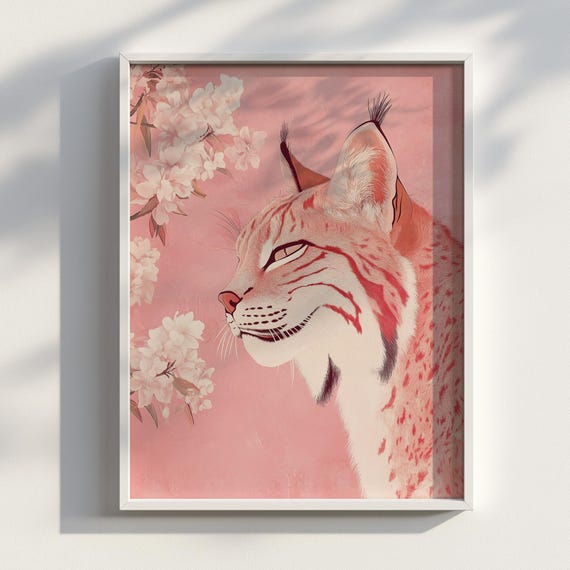 Elegant Lynx Wall Art In Soft Pink Japanese Ukiyoe Style Serene Floral Animal Portrait For Modern Zen Or Boho Decor