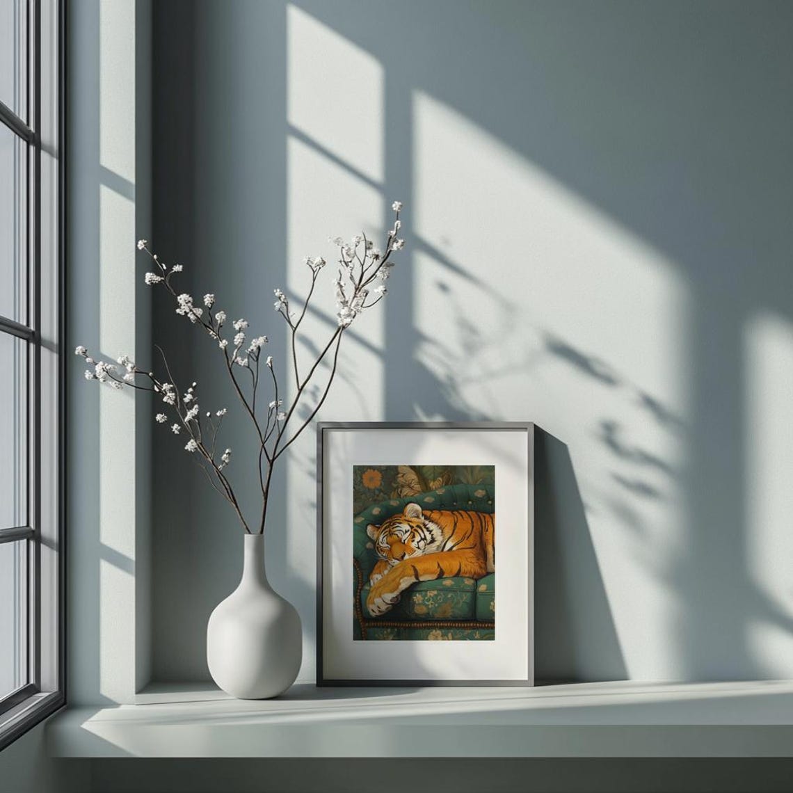 Sleeping Tiger Wall Art Vintage Floral Couch Jungle Animal Print Japanese Style Poster Illustration - Image 2