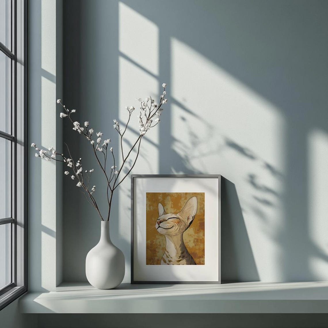 Smiling Sphynx Cat Portrait Golden Background Cat Lover Poster - Image 2