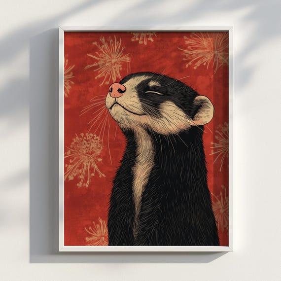 Ukiyoe Ferret Art Print Japanese Style Cute Wall Decor Japandi Zen Animal Illustration Poster Portrait