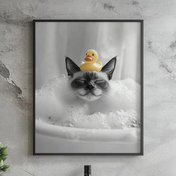 Funny Cat Bubble Bath Art Print, Quirky Bathroom Decor