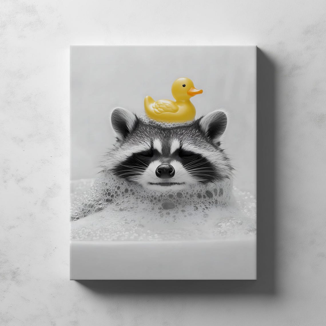 Raccoon Bubble Bath With Rubber Duck Black And White Funny Poster - Image 2