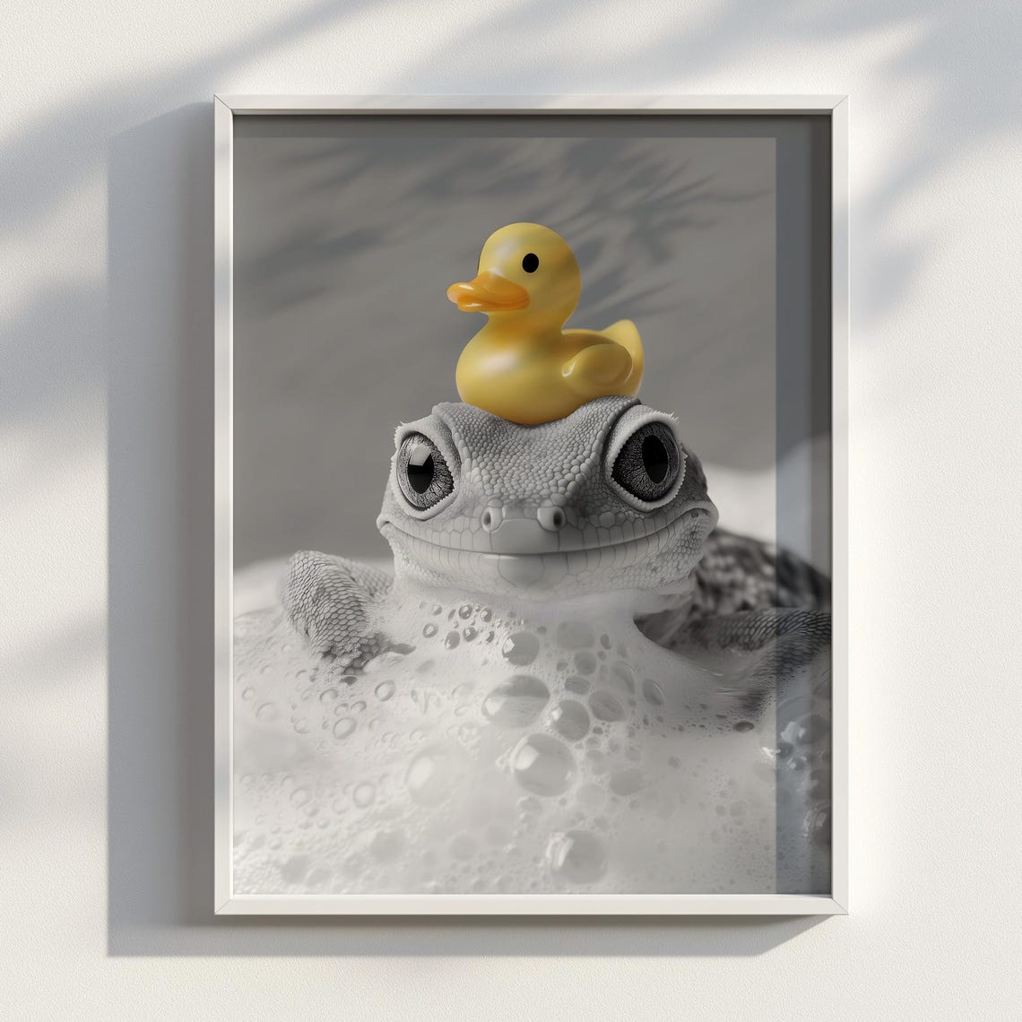 Crested Gecko Bubble Bath Poster Funny Lizard Bathroom Decor Cute Rubber Duck Art Reptile