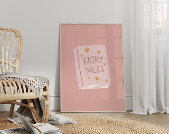 Pink Fairy Tales Book Illustration Girl Nursery Bedroom Decor Poster