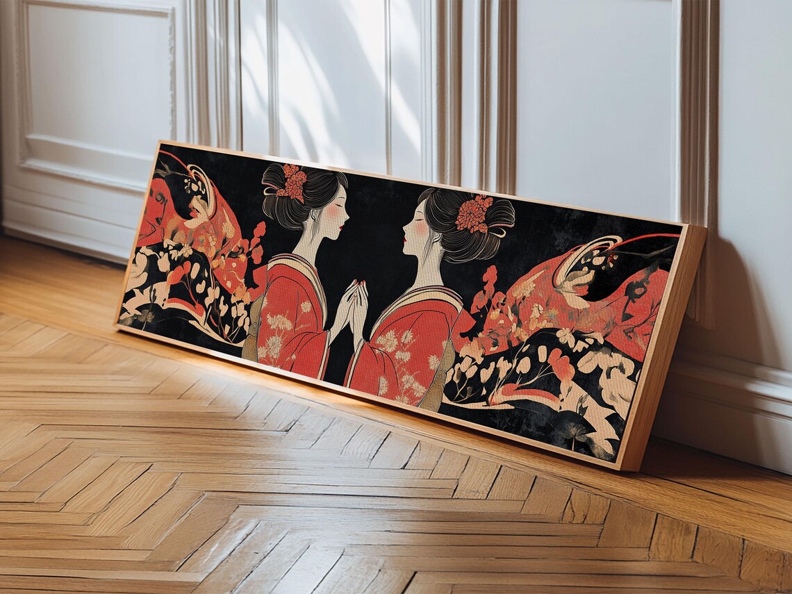 Geisha Red Kimono Mirrored Art Nouveau Japanese Floral Wall Poster - Image 6