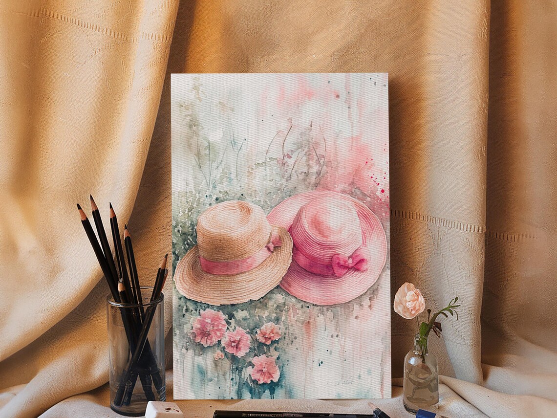 Straw Sun Hats Floral Watercolor Summer Garden Escape Art Print - Image 5