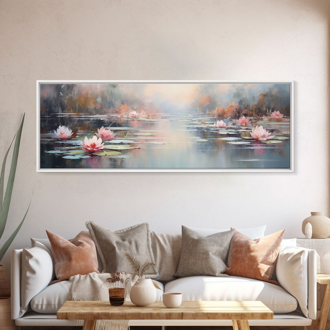 Pink Water Lilies Misty Pond Serene Floral Impressionist Flower Wall Art