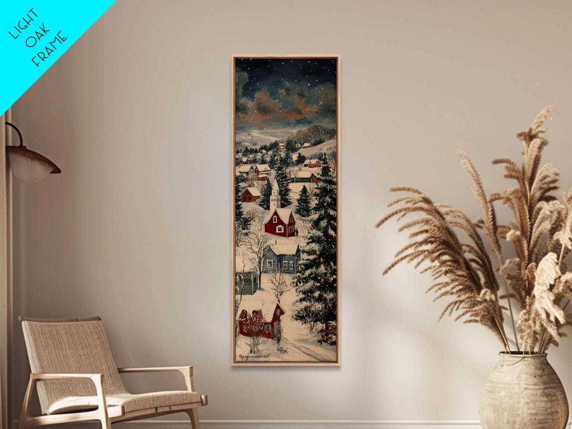 Snowy Mountain Village With Red Barns And Christmas Tree Poster - Image 3
