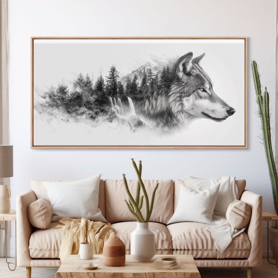 Wild Gray Wolf Head Pine Forest Waterfall Double Exposure Poster - Image 3