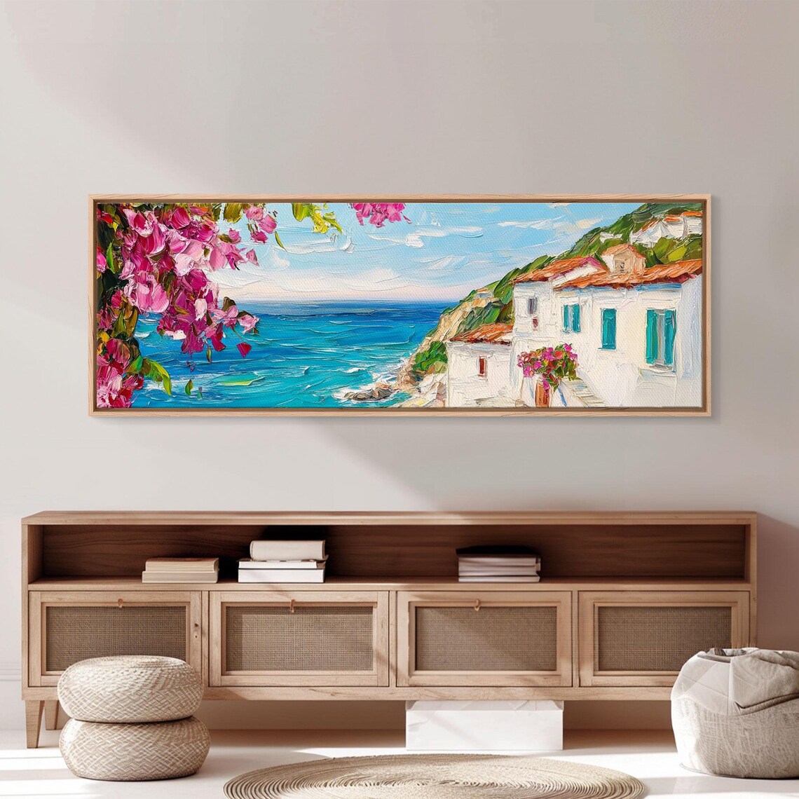 Mediterranean Coastal Village Bougainvillea Sea View Oil Painting Poster - Image 5