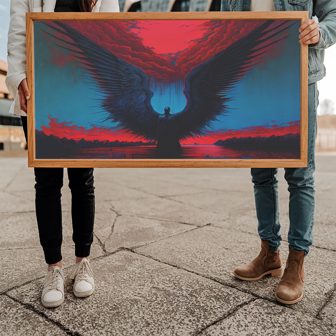 Dark Angel Huge Black Wings Spread Red Stormy Sky Silhouette Wall Poster - Image 5