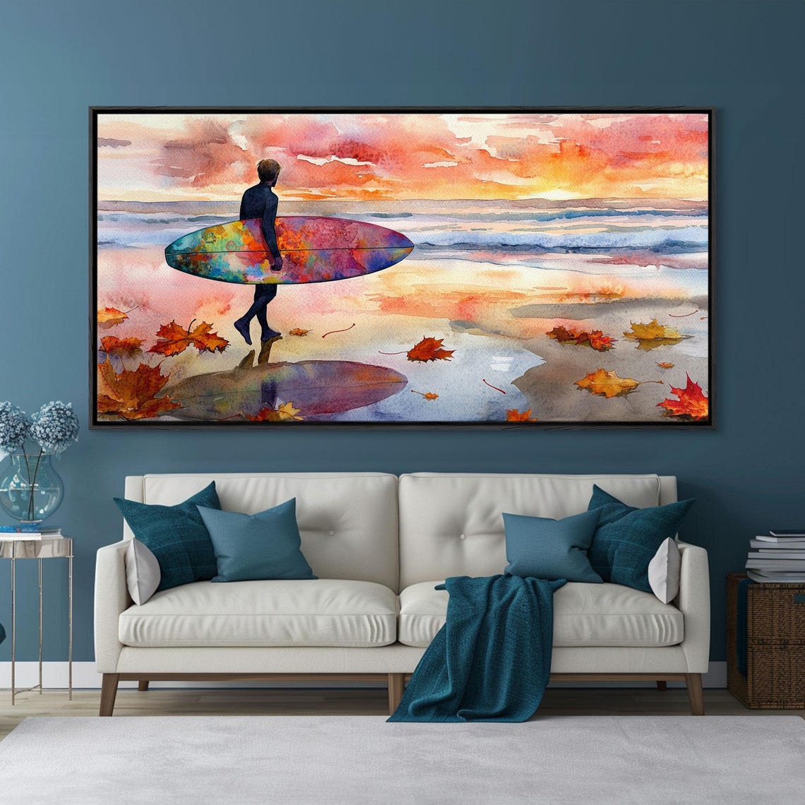 Autumn Surfing Sunset Surfer Colorful Board Maple Leaves Beach Poster - Image 3