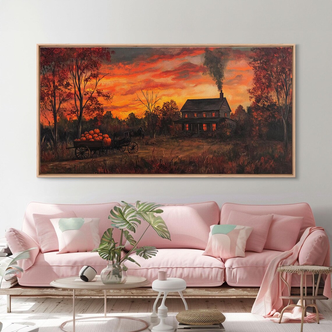 Autumn Sunset Pumpkins Horse Wagon Farmhouse Fiery Sky Rustic Fall Wall Art