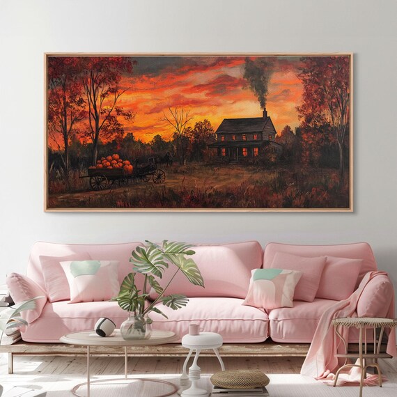 Autumn Sunset Pumpkins Horse Wagon Farmhouse Fiery Sky Rustic Fall Wall Art