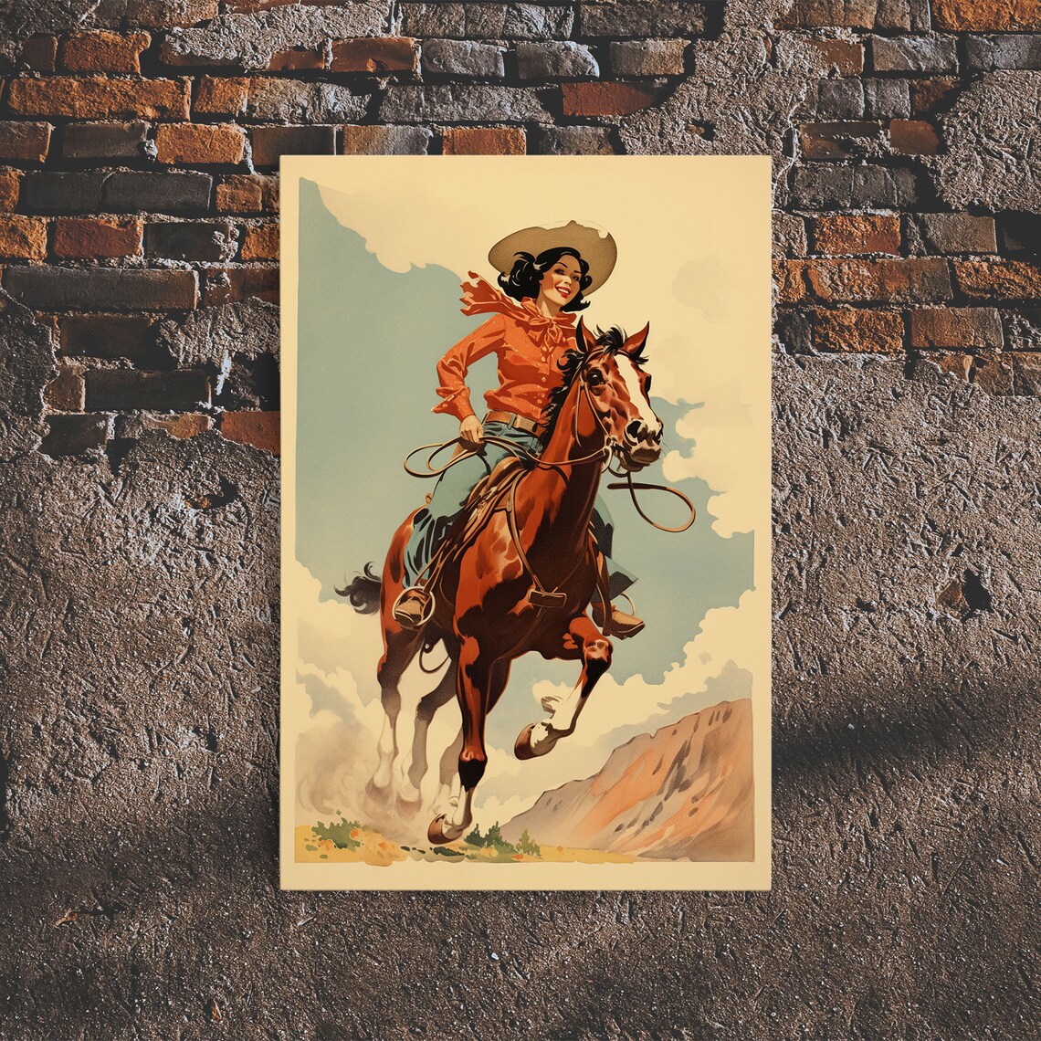 Rustic Horse Rider Cowgirl Art Print, Vintage Western Style