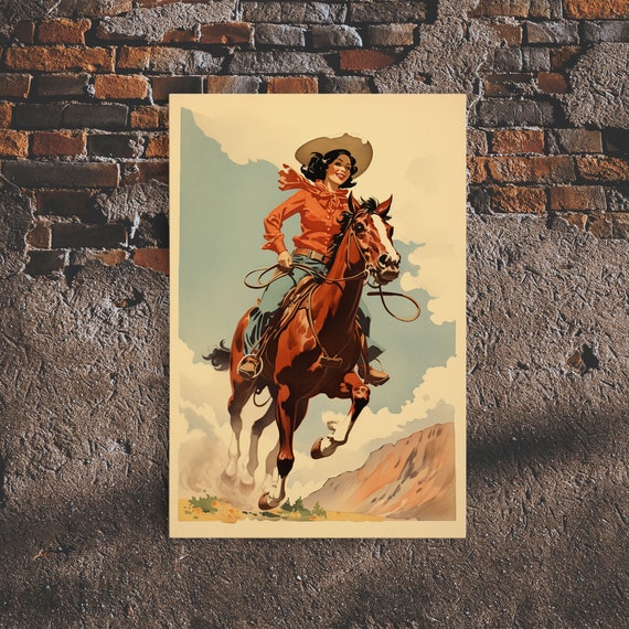 Rustic Horse Rider Cowgirl Art Print, Vintage Western Style