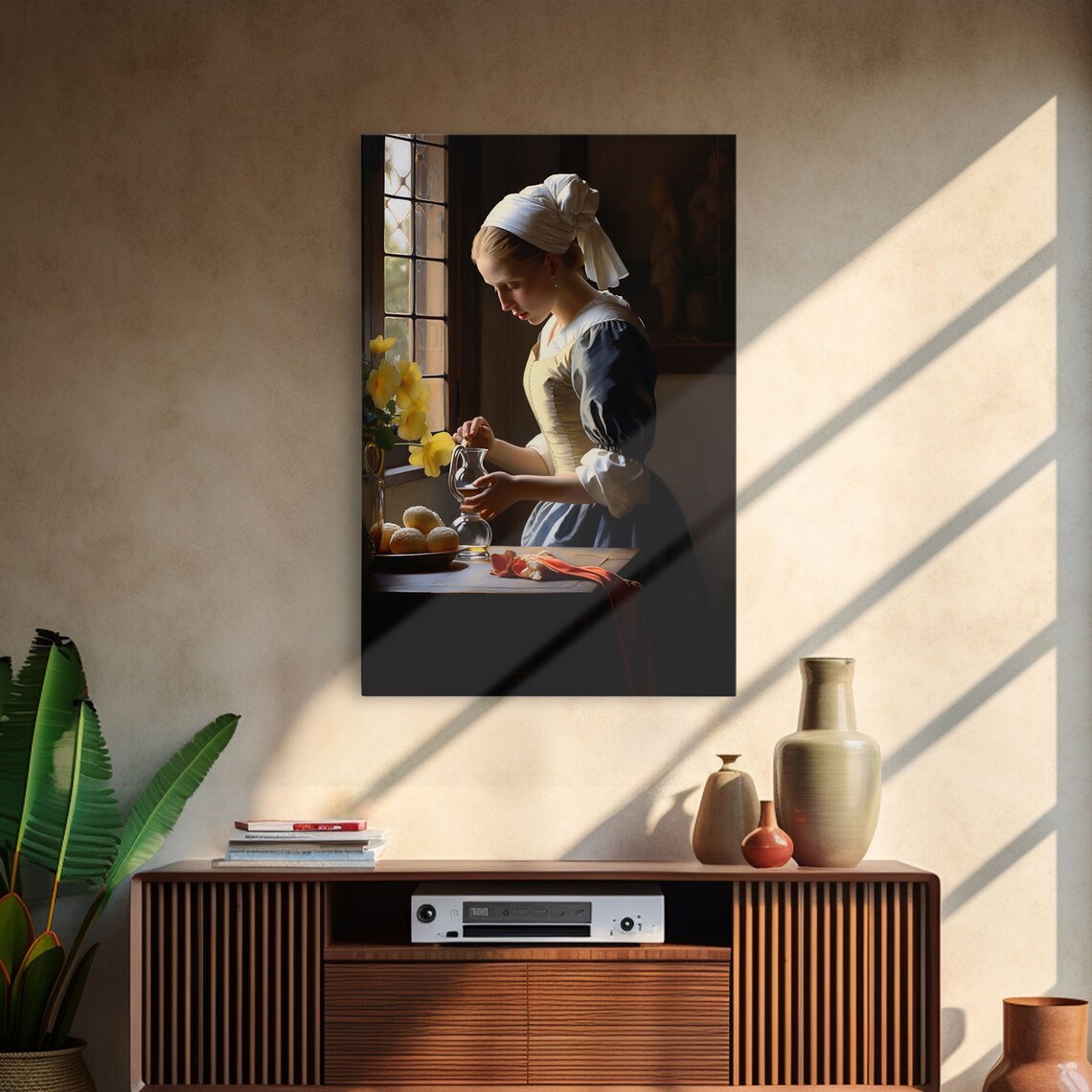 Dutch Old Master Woman Pouring at Window Yellow Flowers Kitchen Art Print - Image 4