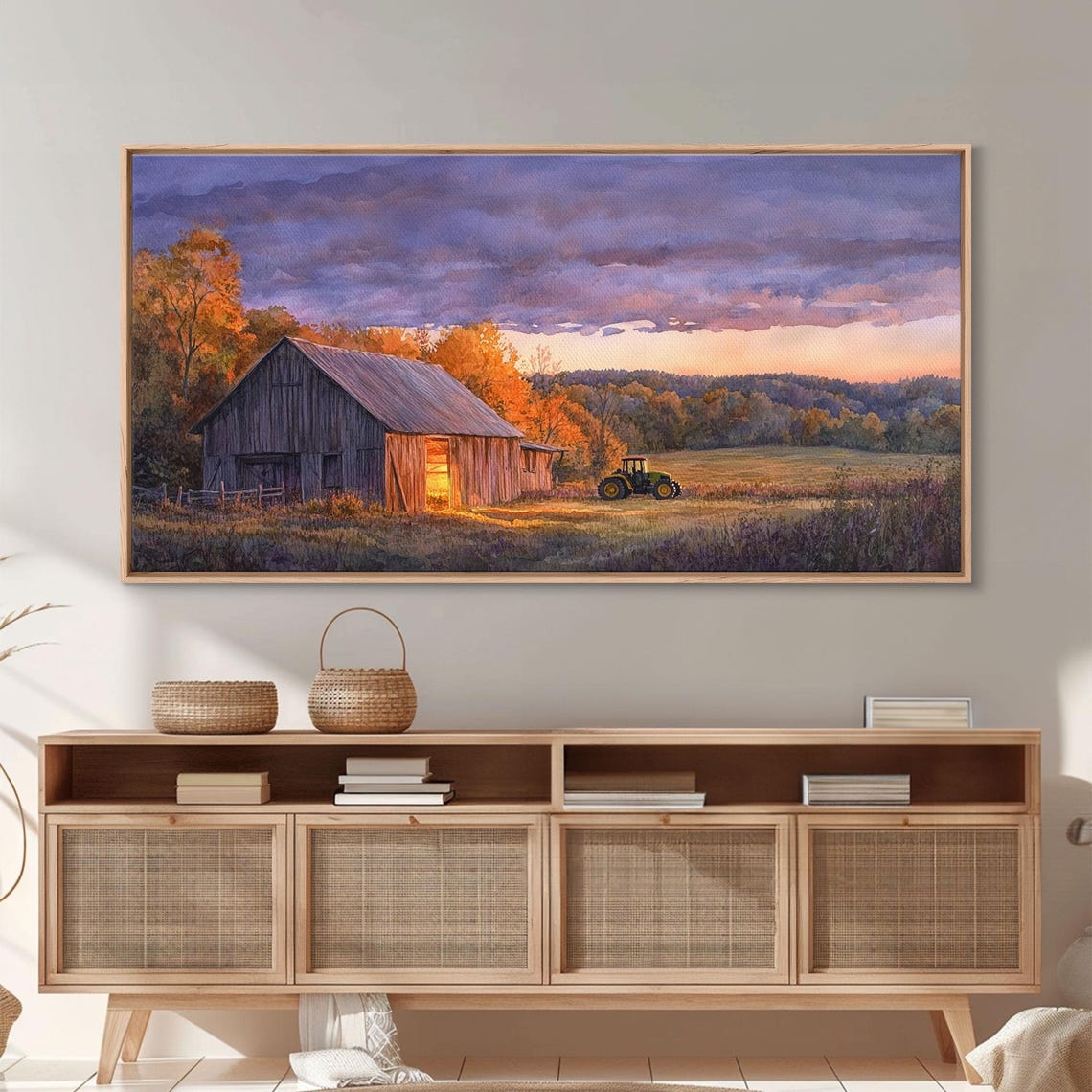 Rustic Barn At Dusk With Tractor Purple Sunset Sky Art Print - Image 4