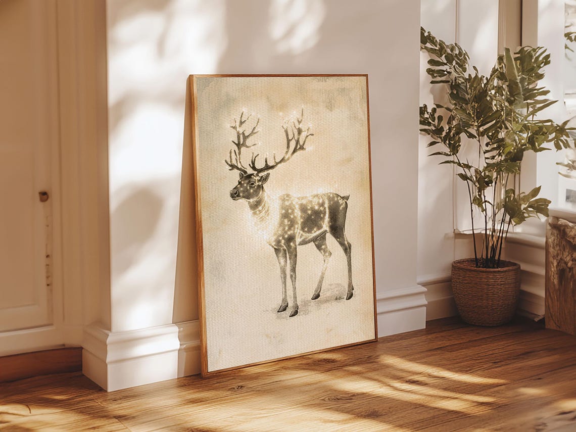 Majestic Stag With Large Antlers Sepia Sketch Christmas Animal Poster