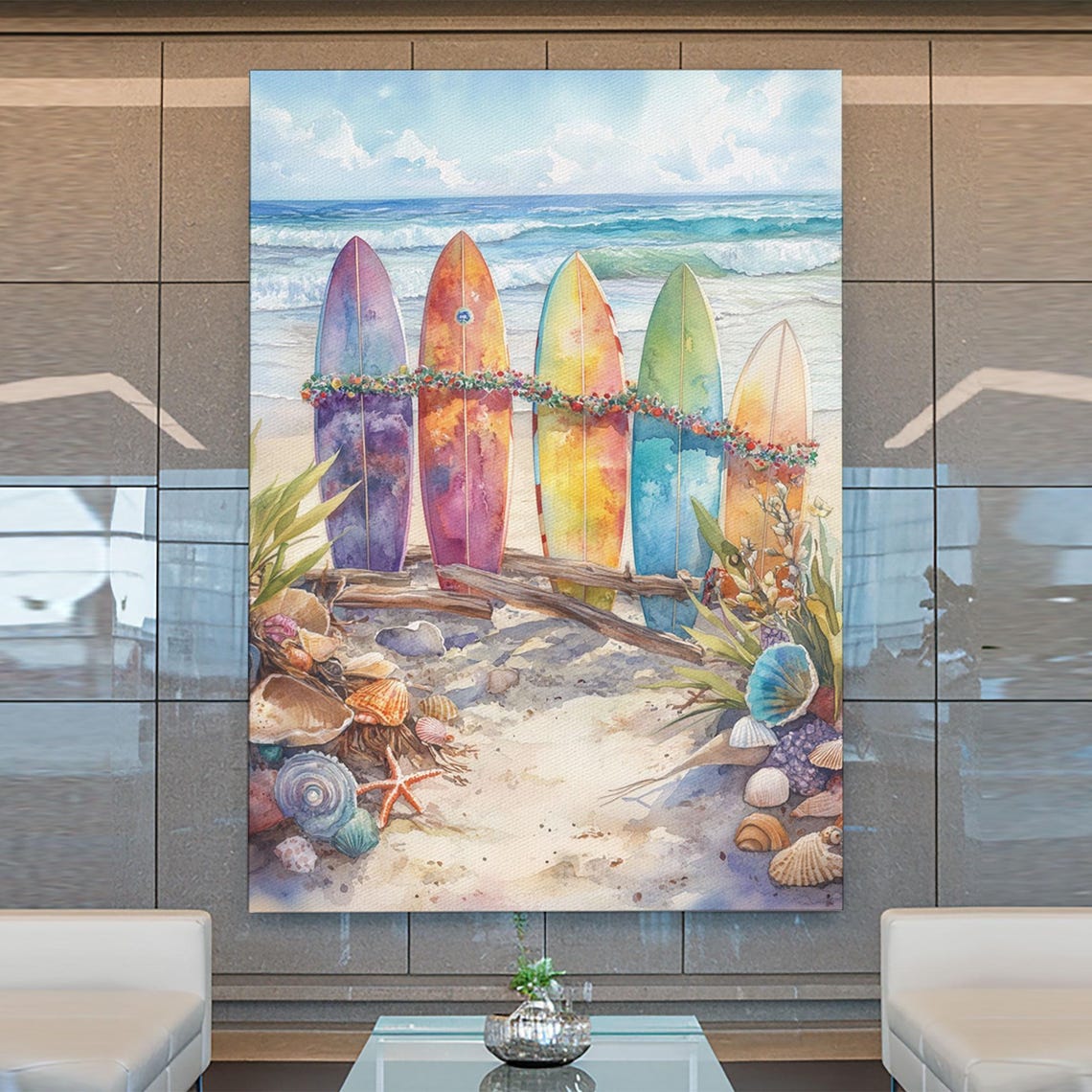Surfboards With Christmas Garland On Beach With Seashells Poster - Image 2
