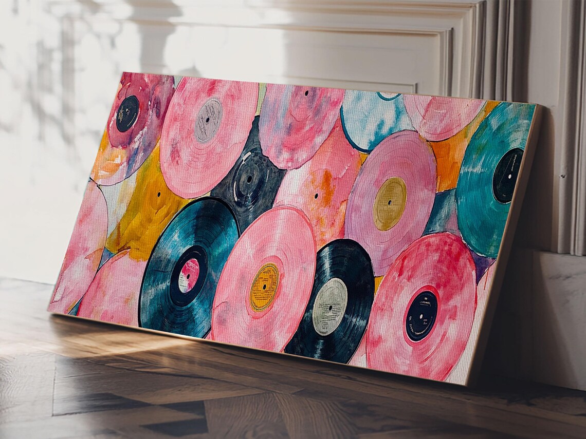 Colorful Vinyl Records Wide Horizontal Retro Pink Teal Music Art Poster