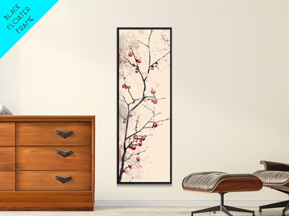 Minimalist Japanese Tree Branch With Red Berries Ukiyo E Woodblock Style Framed Print Tall Skinny Wall Art Ready To Hang