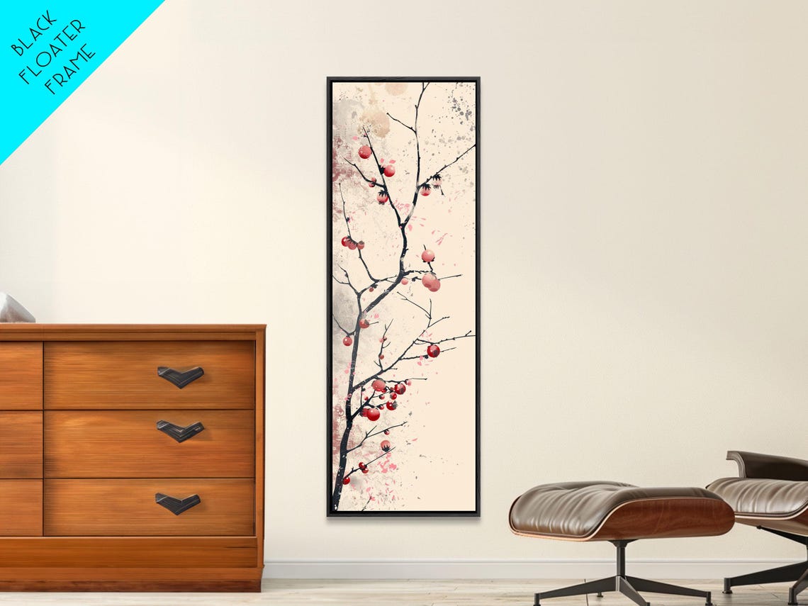 Minimalist Red Berry Branch Ukiyo E Ink Wash Japanese Poster